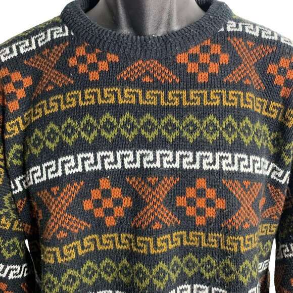 Vintage 90s Pullover Crewneck Sweater XL Black Stretch Knit Geometric Rib Trim - Picture 2 of 6